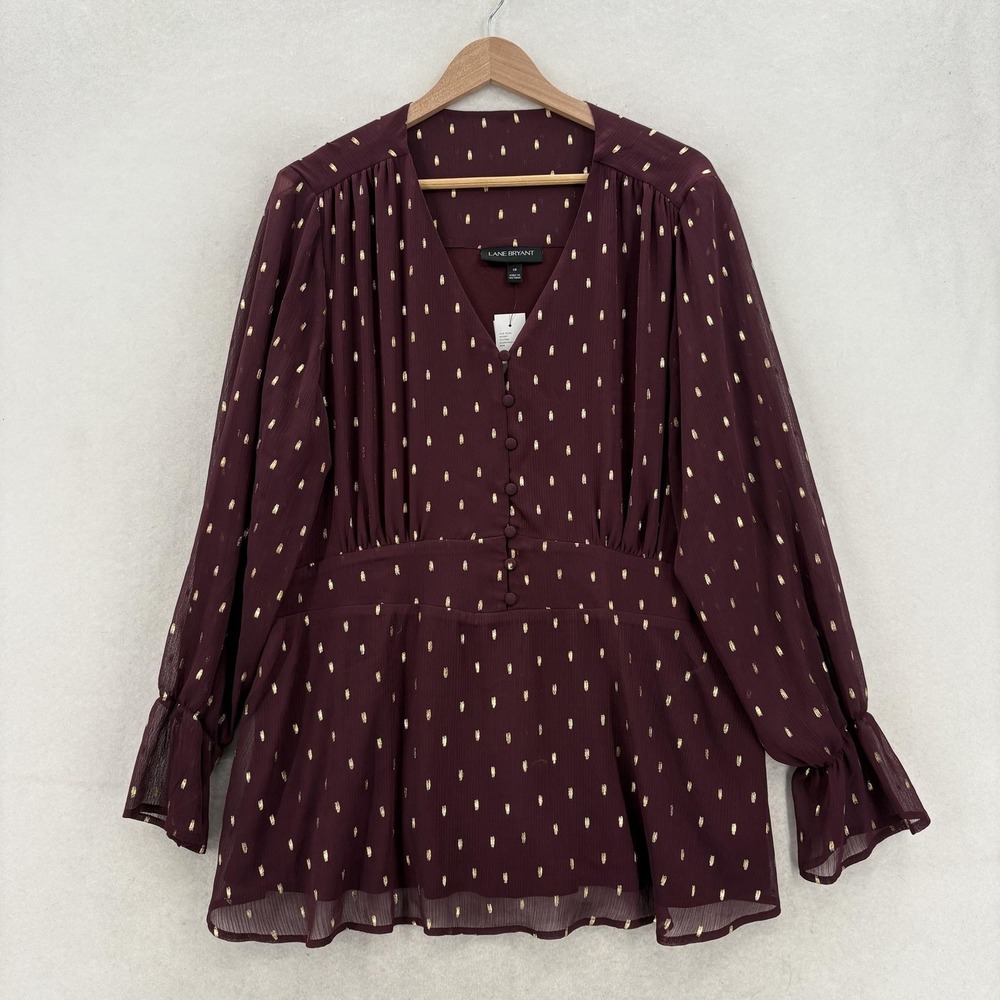 Lane Bryant Blouse Womens 16 Purple Polka Dot V Neck Long Sleeve Ruffle Tunic